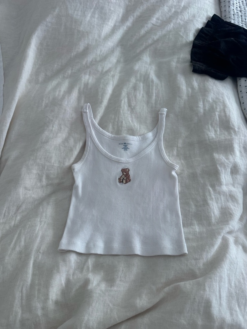 Brandy Melville White Ribbed Tank Top with Brown Teddy Patch